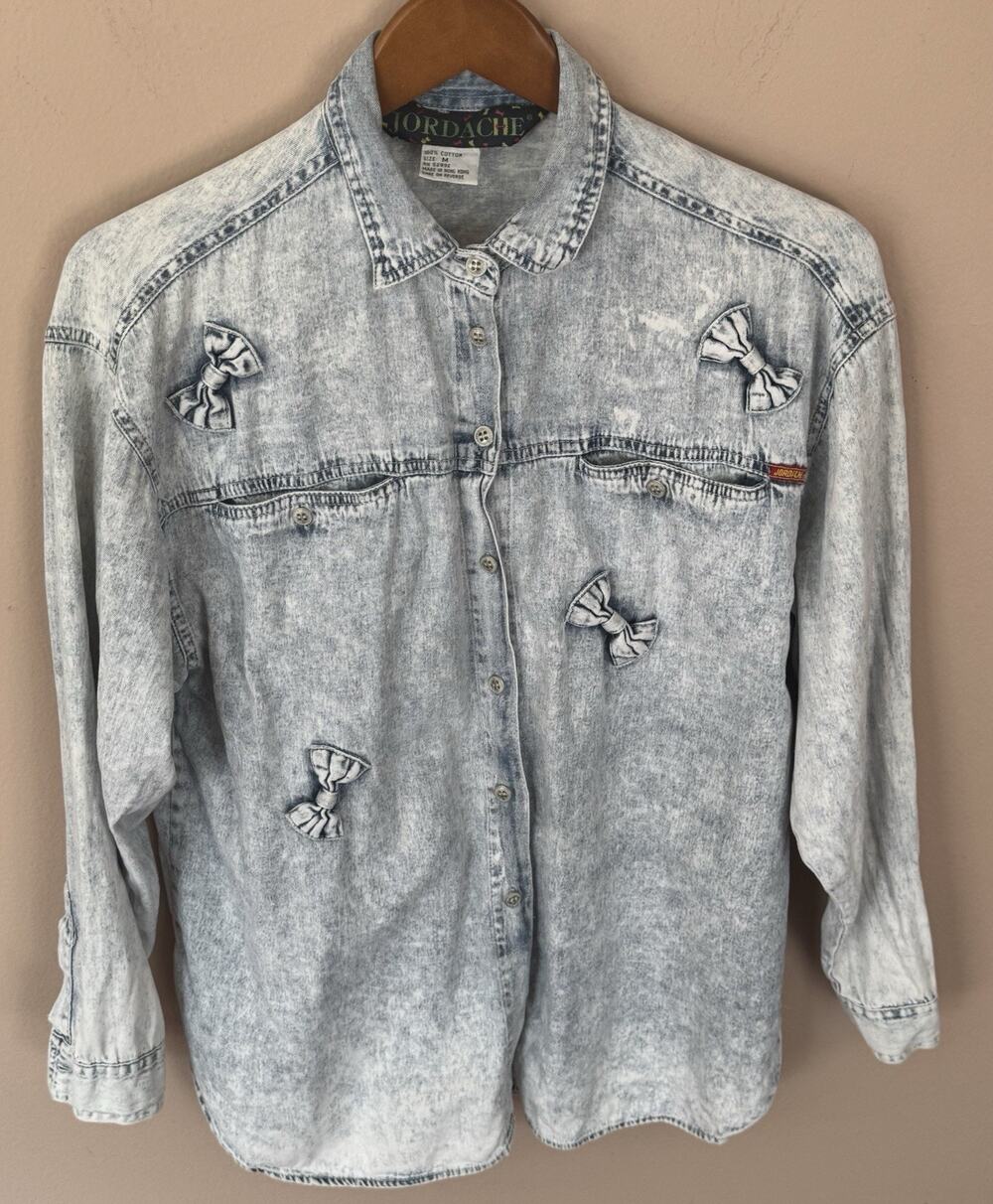 Vintage 80s Jordache Denim Shirt Top Bows Womens M Blue Button Up